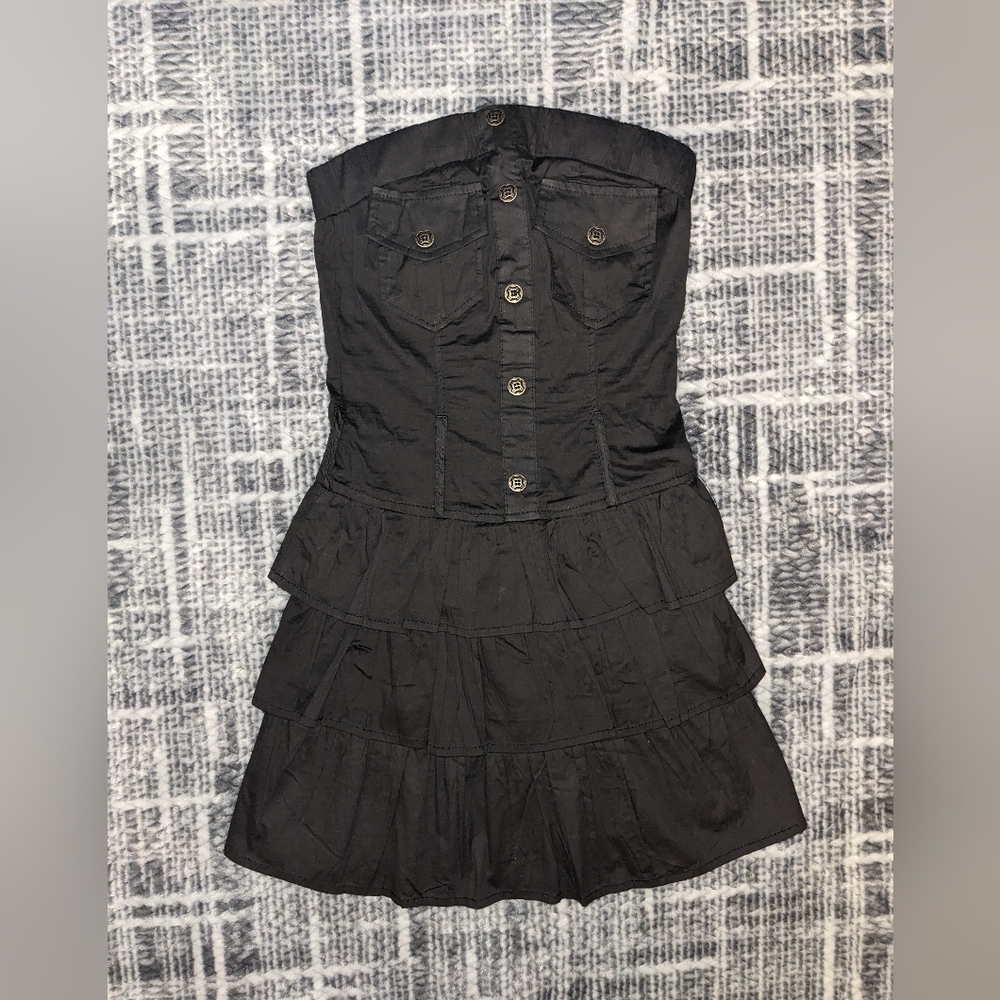 Steampunk Strapless Fit And Flare Tiered Hem Black Mini Dress